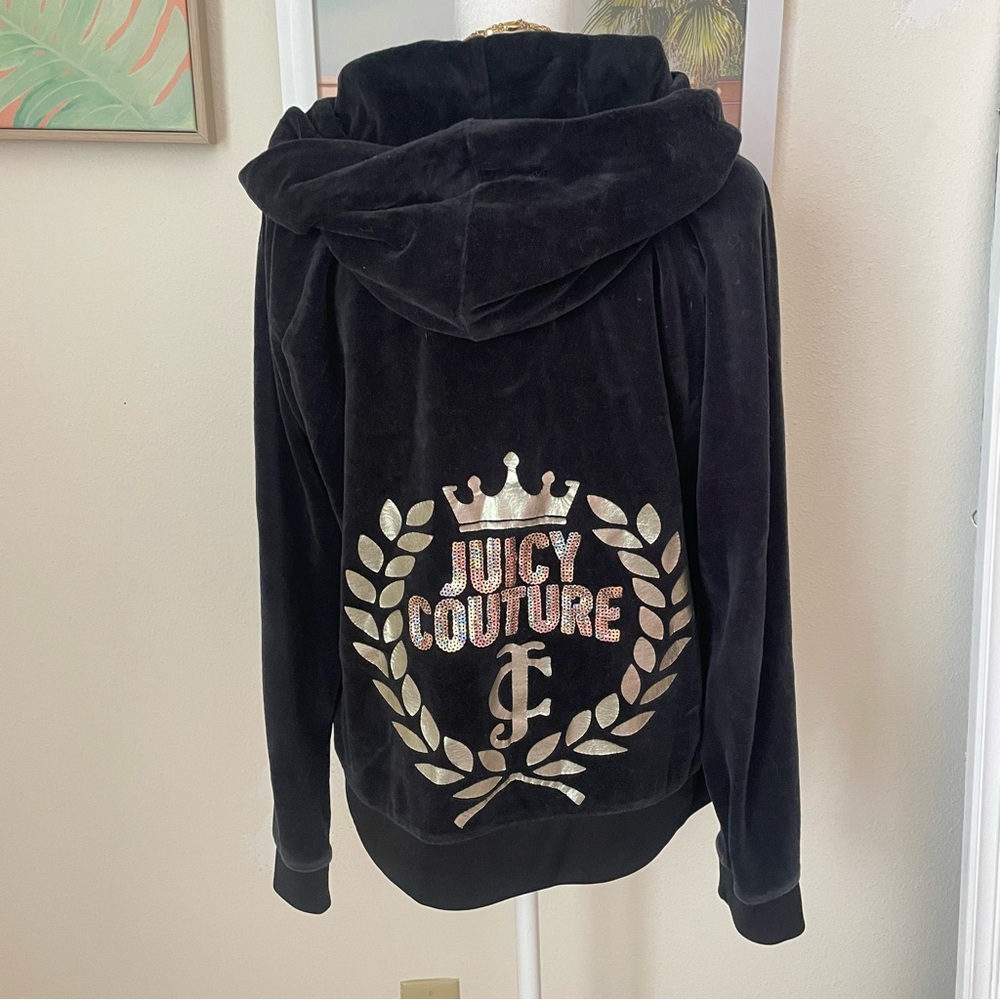 Juicy Couture Y2K Black Velour Metallic Gold Sequin Zip Up Hoodie Sweatshirt XL